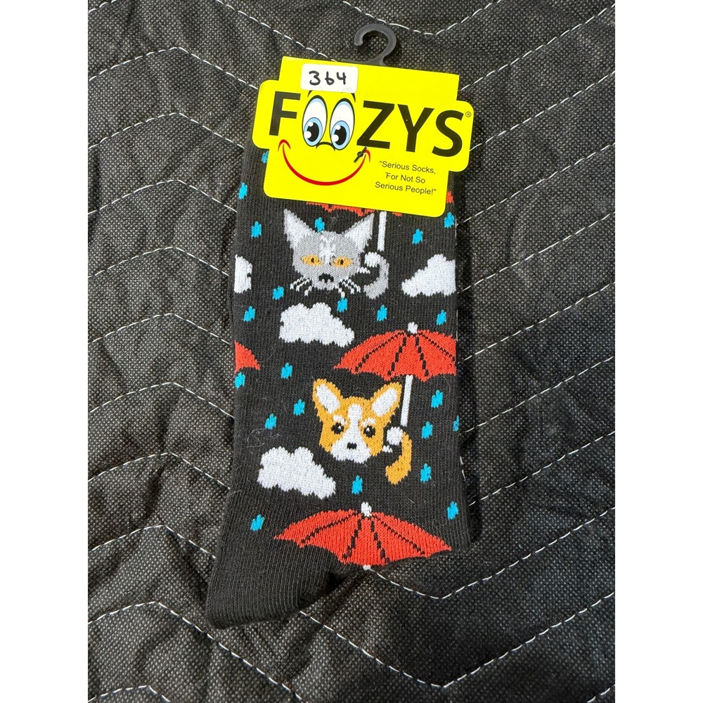 Foozys Crew Socks Women Size 9-11 Black NWT Raining Cats‎ and Dogs Corgi Novelty